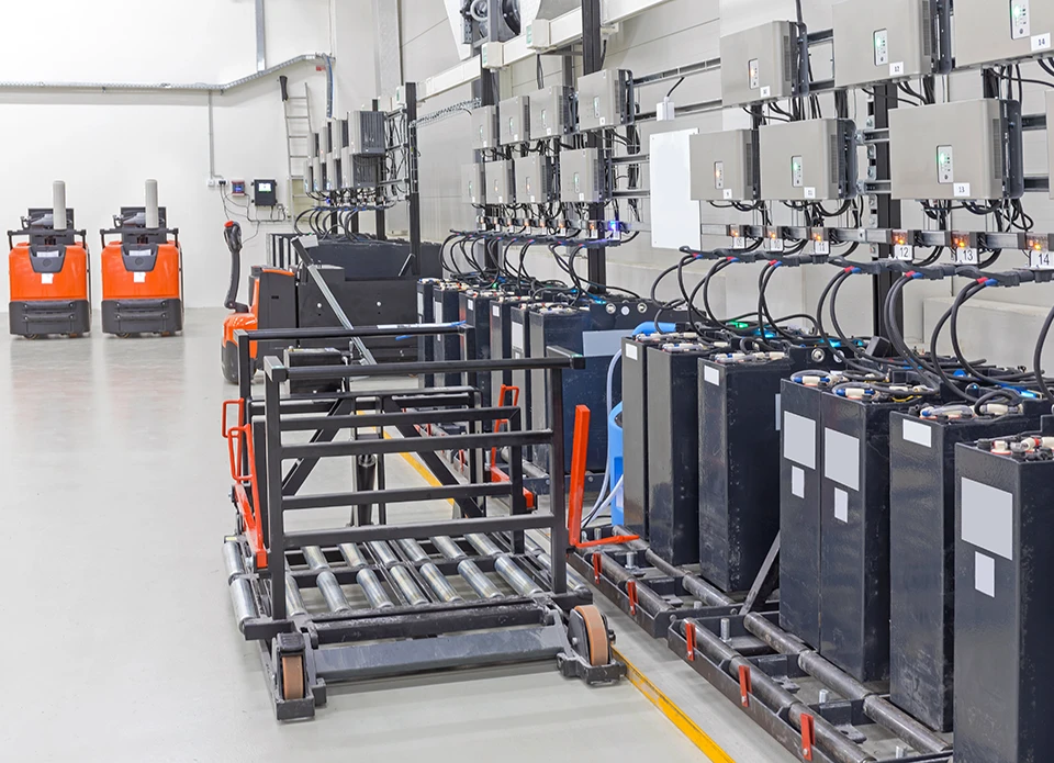 Rangée de batteries solaires physiques dans un bâtiment professionnel, pour autoconsommation solaire optimisée de jour et de nuit