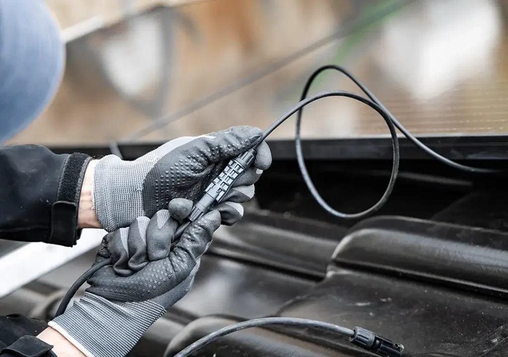Technicien de maintenance Domuneo en train de vérifier les connexions électriques d'une installation solaire et le bon fonctionnement général des panneaux photovoltaïques